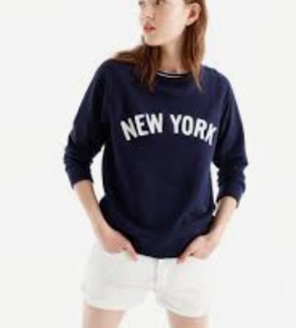 J.Crew NEW YORK Cropped Crew neck Sweatshirt Navy Blue White Retro Casual Preppy